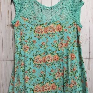 Aqua Floral and Lace Top XL